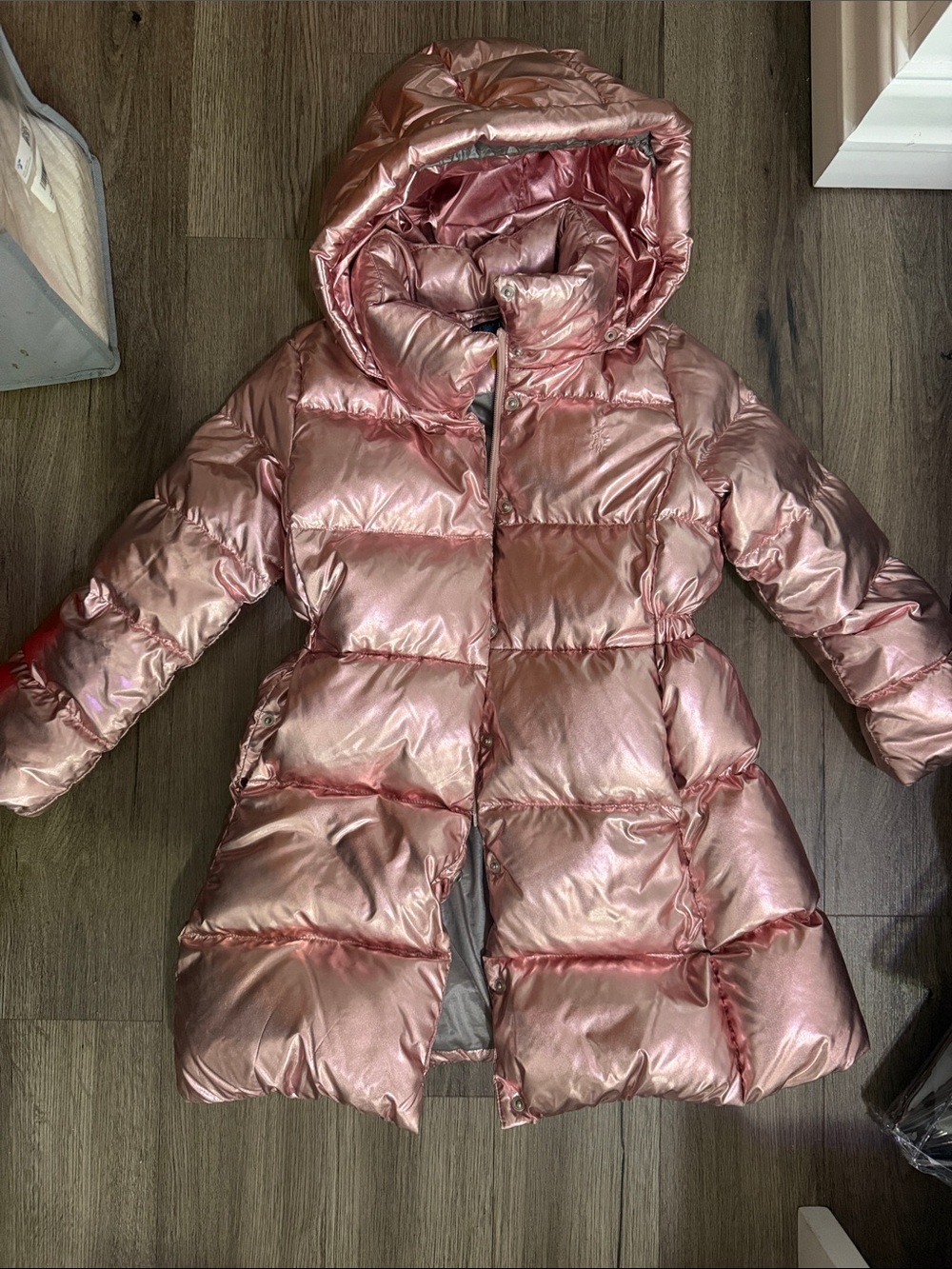 Polo by Ralph Lauren Girls' Shiny Rose Gold Puffer Coat with Hood